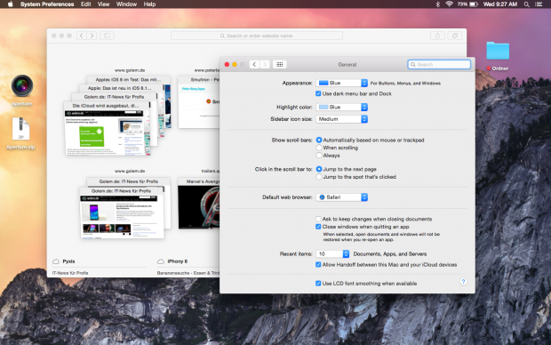 Das Dock und die Men&uuml;leiste k&ouml;nnen nun auf Dunkel geschaltet werden. (Screenshot: Golem.de)